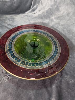 Hand Painted Art Glass Pedestal Compote Bowl Red Green Blue Gold Scroll Decor